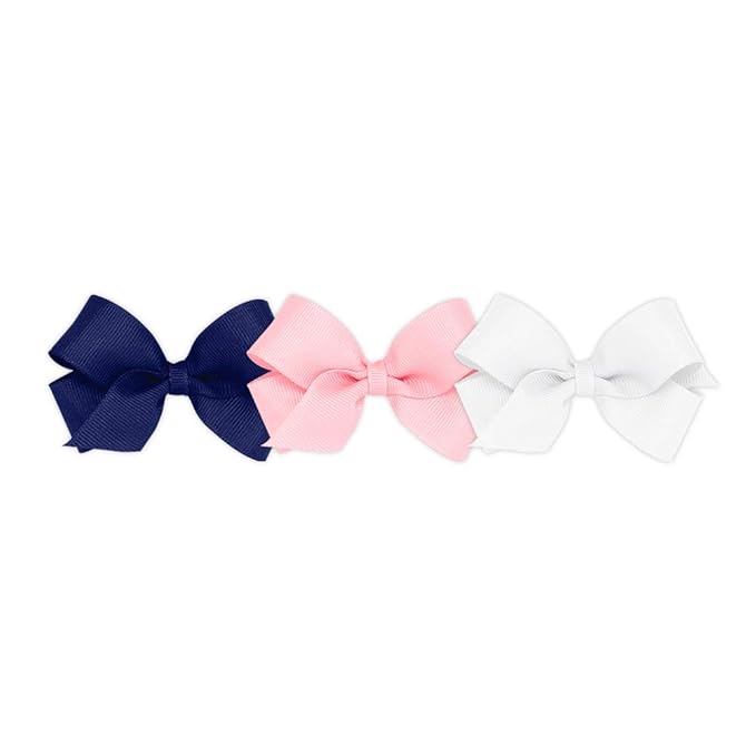 Wee Ones Girls' 3 pc Set Solid Grosgrain Variety Pack on a WeeStay No-Slip Hair Clip, Mini, White, Light Pink, and Light Navy