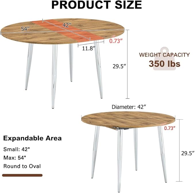 42" Round Dining Table for 4, 54" Oval Dining Table for 6, Extendable Kitchen & Dining Room Table with Metal Legs, Modern Rustic Space-Saving Adjustable Shape Dinner Table, Easy Assembly,Oak