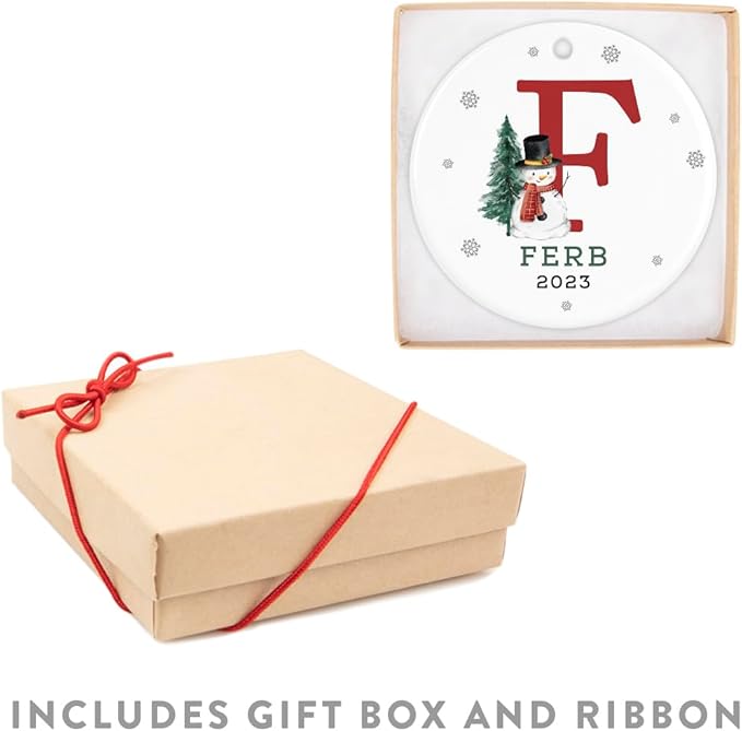 Andaz Press Personalized Ornament, Custom Name, Initial F Monogram Snowman 2.8" Ceramic Porcelain 2025 Christmas Ornament Keepsake for Kids, Boys, Girls, Includes Gold Ribbon & Gift Box, 1-Pack