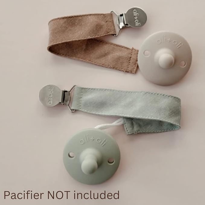 Ali+Oli Linen Strap Pacifier Clip (Forest) Set of 3 (10" x 1") Baby Pacifier Holder for Newborn Pacifiers & Teethers, Binky Clips, Silicone-Free Pacifier Clips