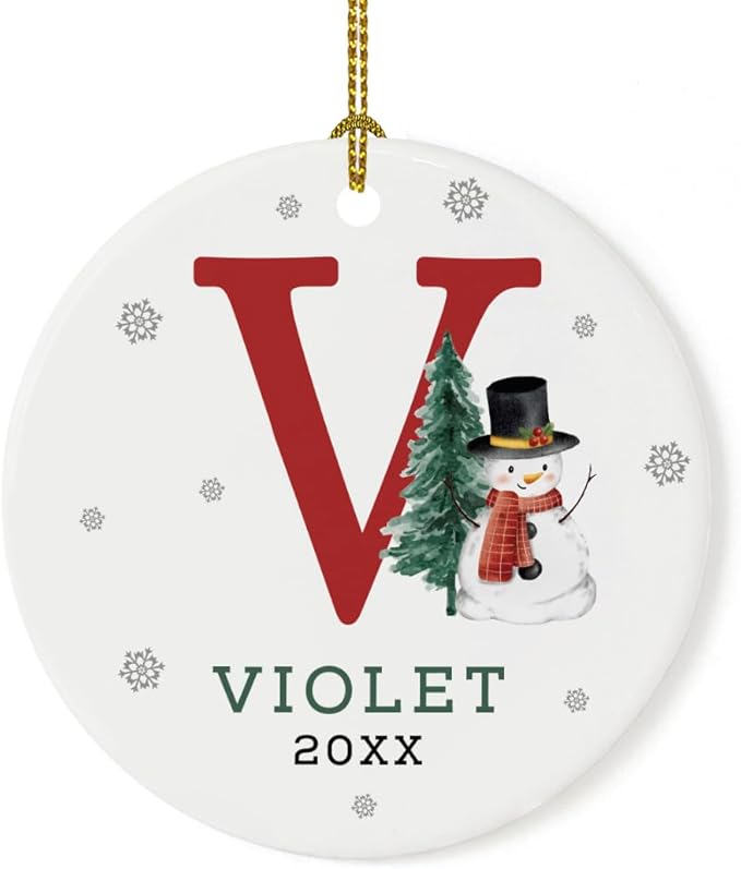 Andaz Press Personalized Ornament, Custom Name, Initial V Monogram Snowman 2.8" Ceramic Porcelain 2025 Christmas Ornament Keepsake for Kids, Boys, Girls, Includes Gold Ribbon & Gift Box, 1-Pack