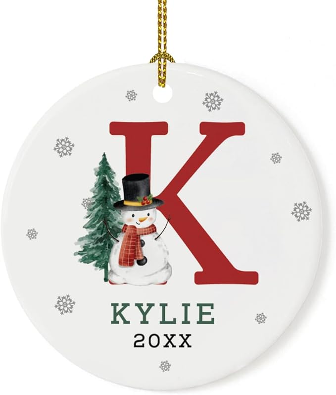 Andaz Press Personalized Ornament, Custom Name, Initial K Monogram Snowman 2.8" Ceramic Porcelain 2025 Christmas Ornament Keepsake for Kids, Boys, Girls, Includes Gold Ribbon & Gift Box, 1-Pack