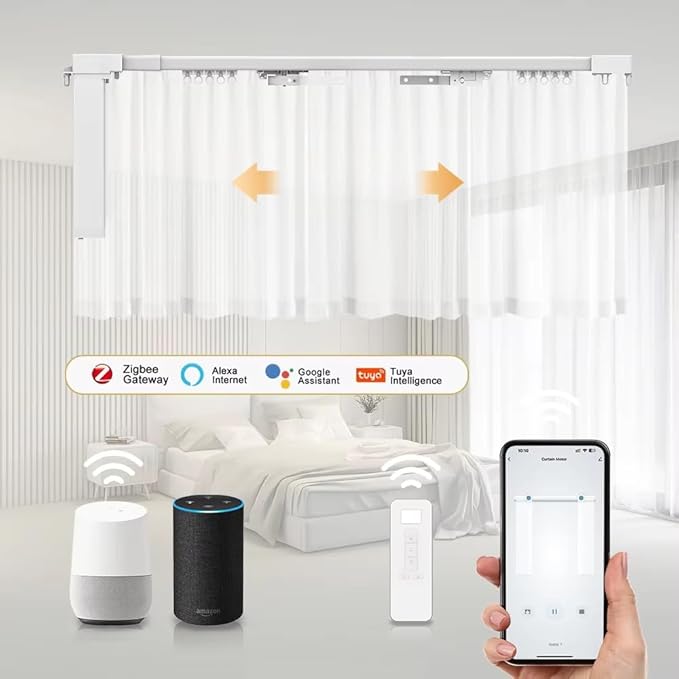 ZigBee Smart Curtain Motor with Retractable Track, Automatic Curtain Opener System 2.5N.m Motorized Drapery Rods Compatible with Alexa/Google Home (2.8-5.2 meters (110.2-204.7 inches) Adjustable)