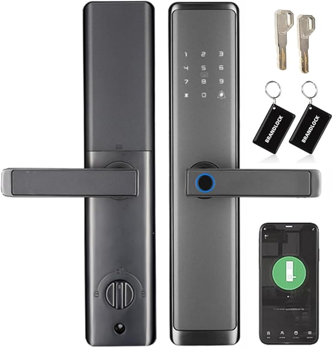 Sophies Keyless Entry Smart Lock with Handle, WiFi Door Lock, Tuya APP Control - Front Door Lock with Keypad and Anti-Peeping Password Grey