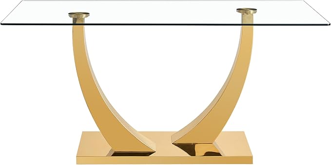 Modern Gold Dining Table for 6-8,Rectangular Glass Dinner Table with Tempered Glass Tabletop and Golden Plating Metal U-Shaped Pedestal for Kitchen Dining Room (Gold5)