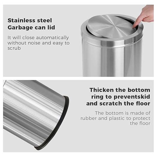 15L/4GAL Silver Stainless Steel Bathroom Garbage can, Bathroom Trash Can with Flipping Lid，Brushed Nickel Gaebage Can for Bedroom,Living Room,Office,Hotel,Shop,Restaurant (15L-Silver)