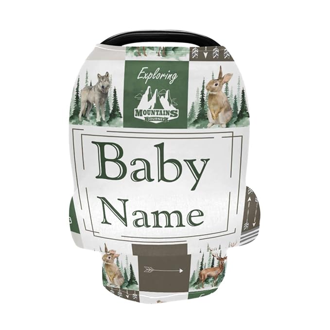 Personalized Multiuse Baby Car Seat Covers for Boys Girls, Custom Name Carseat Canopy, Nursing Breastfeeding Scarf, Gift for Newborn Babies, Infant Stroller Cover, Woodland Animal