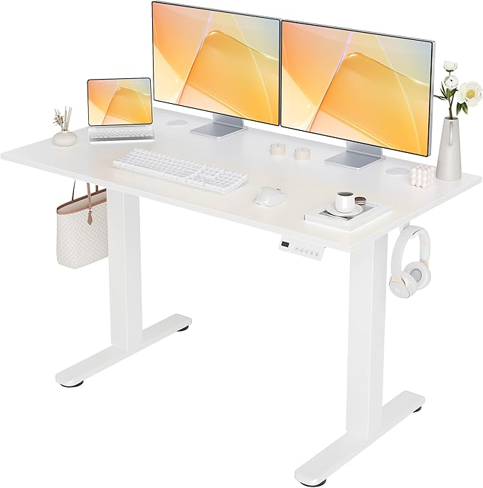 Seang Electric Standing Desk Adjustable Height, 48 x 24 Inch Sit Stand Desk with T-Shaped Frame, 3 Memory Presets & Cable Management for Home Office Computer Workstation, White Frame/White Top