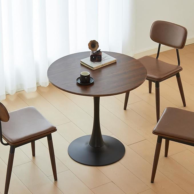 Round Dining Tulip Table for 2, Mid-Century Modern Table with Sturdy Metal Pedestal for Kitchen, Bistro, Cafe, Leisure (Faux Walnut, 24 INCH)