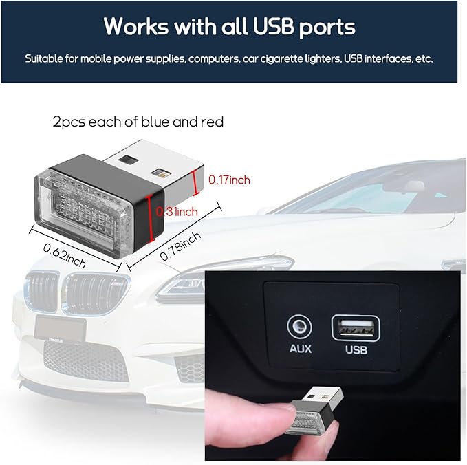 Dickno 4 PCS USB LED Car Interior Atmosphere Lamp, Portable Mini LED Night Light, Plug-in USB Interface Trunk Ambient Lighting Kit, Universal Vehicle Interior Accessories (Blue+Red)