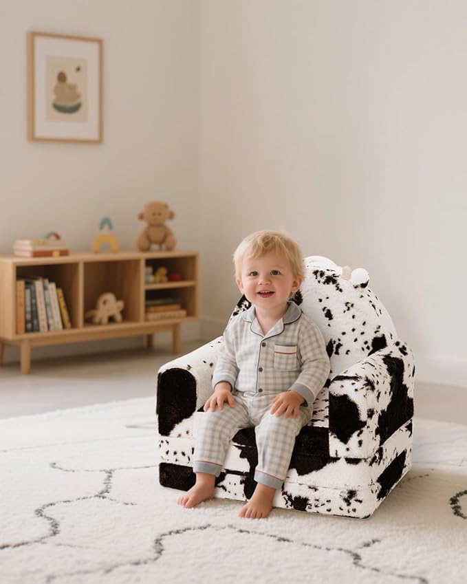 2-in-1 Toddler Chair and Couch – Soft Faux Rabbit Fur, Cow Pattern Design, Fold Out Seat for Reading & Nap, Ages 1–3