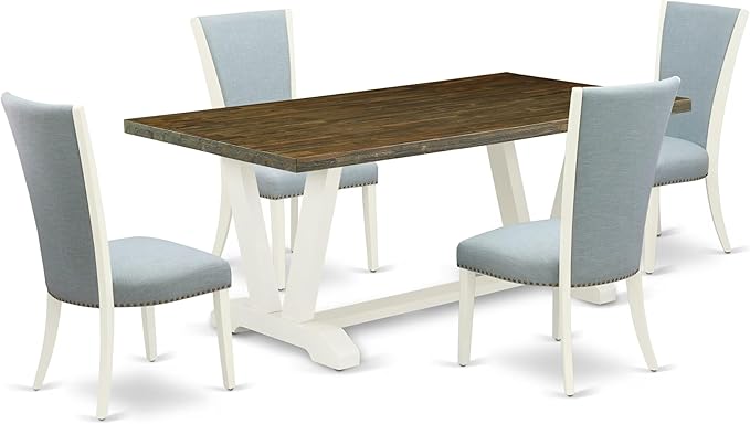 East West Furniture V077VE215-5 5 Piece Dining Set Includes a Rectangle Dining Room Table with V-Legs and 4 Baby Blue Linen Fabric Upholstered Chairs, 40x72 Inch, Multi-Color