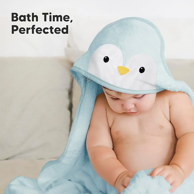 KeaBabies Hooded Baby Towel for Newborn - Viscose Derived from Bamboo Large Baby Bath Towels with Hood for Boys, Girls, Toddler, Extra Absorbent & Soft Newborn Bath Essentials (Penguin, Regular)