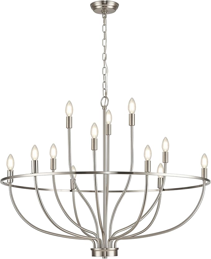 12 Light Brushed Nickel Chandelier, Large Chandeliers for High Ceilings, 36inch Metal Chrome Chandelier Light Fixture Metal Candle Chandelier with Long Chain for Dining Foyer Kitchen Bedroom