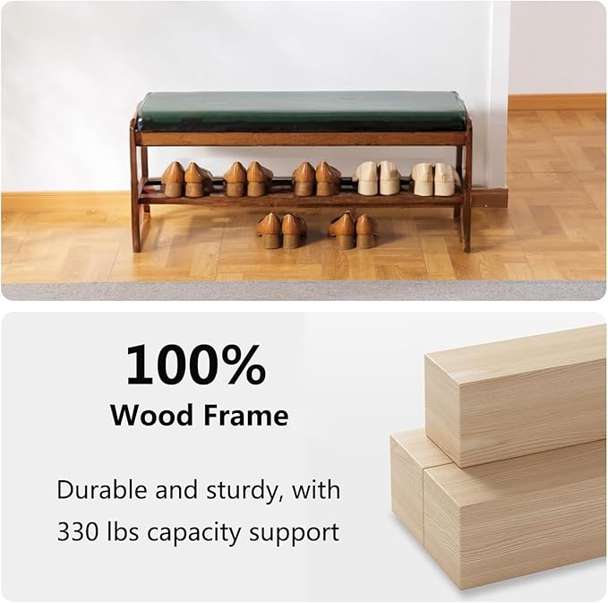 Solid Wood Shoe Bench, 2-Tier Wooden Entryway Bench, Modern Shoe Rack with Faux Leather Cushion for Hallway, Living Room (Green, 39.4'')