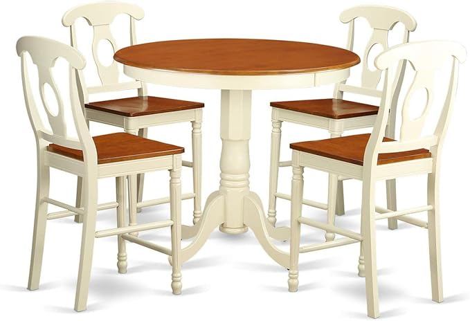 East West Furniture JAKE5-WHI-W 5 Piece Kitchen Counter Height Dining Table Set Includes a Round Wooden Table with Pedestal and 4 Dining Chairs, 36x36 Inch, Buttermilk & Cherry