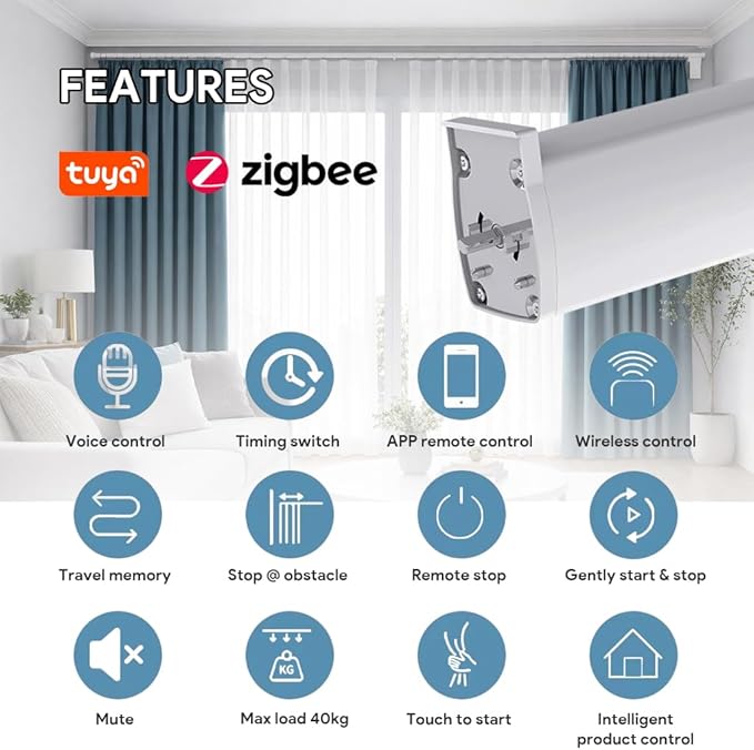 ZigBee 3.0 Smart Curtain Motor with Ripple Fold Track, Mini Silent Electric Drapery System, 1.2N.m App Voice Control Compatible with Alexa & Google Home (2 meters (78.7 inches))