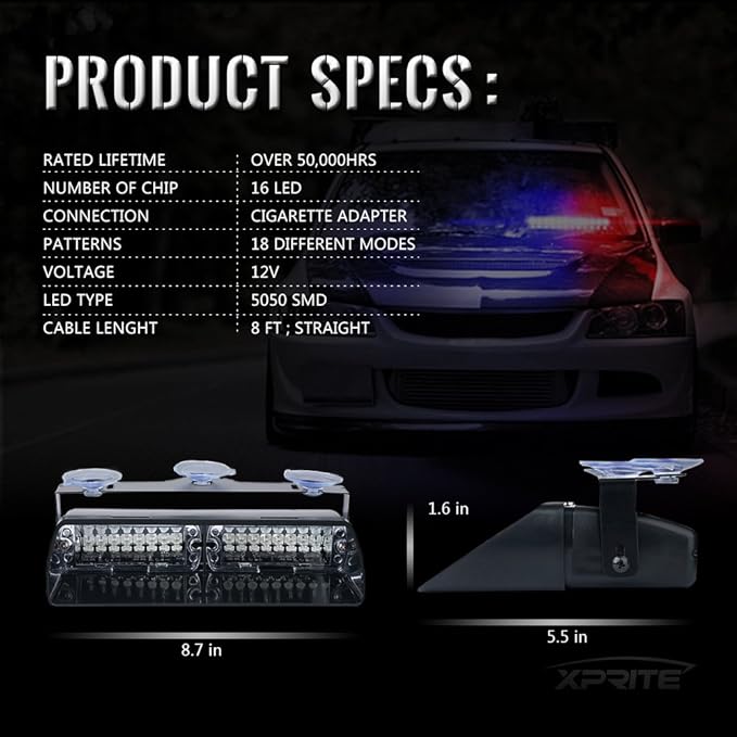 Xprite White Blue LED Emergency Dash Strobe Light, Interior Windshield Safety Warning Flashing Lights w/Suction Cups,12V Windshield Visor Light Bar for Police Law Enforcement Volunteer Vehicles Trucks
