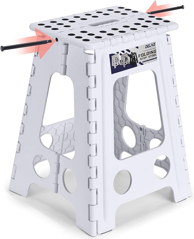 Delxo Folding Step Stool 17.5 Inch White Step Stools for Kids Foldable,Portable Collapsible Step Stool with Handle, Folding Stool for Kitchen Bathroom,Bedroom,Garden