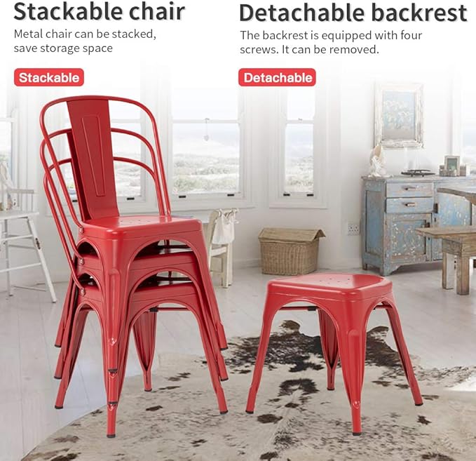 FDW Metal Dining Chairs Set of 4 Indoor Outdoor Chairs Patio Chairs Kitchen Metal Chairs 18 Inch Seat Height Restaurant Stackable Chair Tolix Side 330LBS Weight Capacity