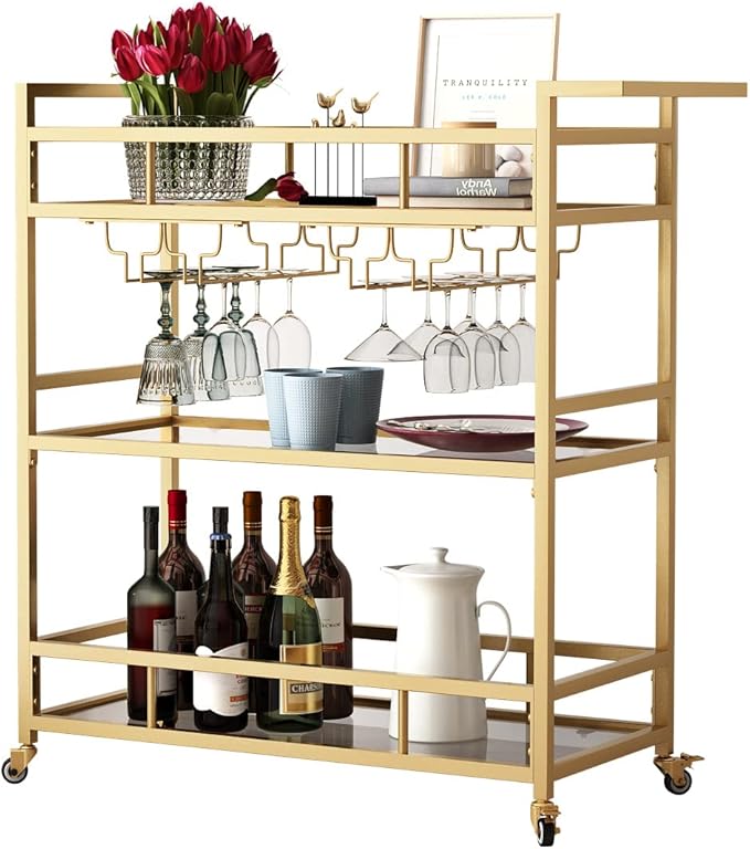 Gold Bar Carts with 3 Tier Glass Shelves, Rolling Serving Bar Cart with Wine Rack and Glass Holder, Home Bar Carts & Wine Carts on Wheels for Kitchen, Indoor & Outdoor