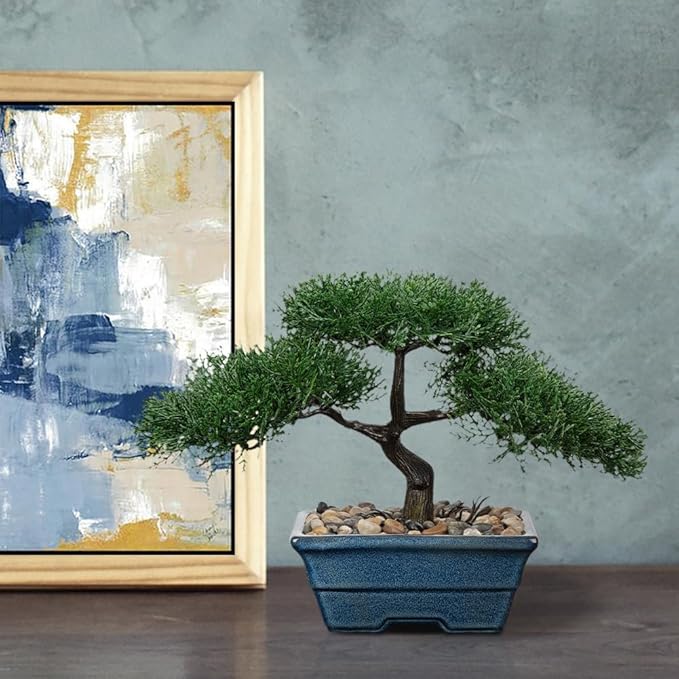 Artificial Bonsai Tree Juniper Faux Plants Indoor Fake Plants Decor with Blue Ceramic Pots for Home Table Office Desk Bathroom Shelf Bedroom Living Room Farmhouse Decorations-Pine