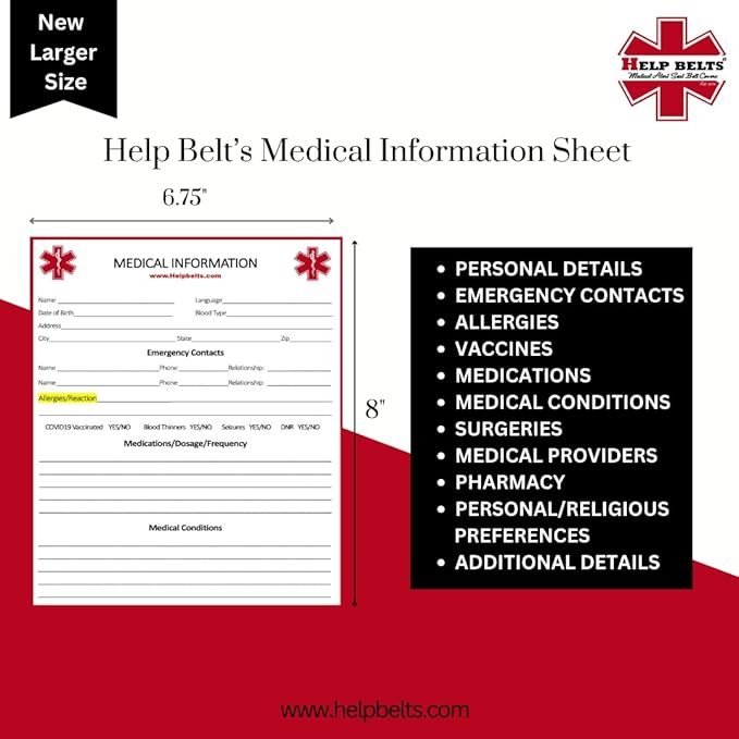 Any/Multiple Condition Medical Alert Seatbelt Cover for Children in Car Seats (6”) Featuring an Emergency Information Form and Pocket by Help Belts. (Red/White)