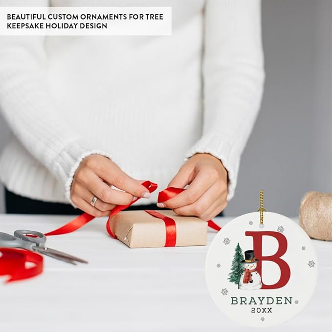 Andaz Press Personalized Christmas Ornament, Custom Name, Initial B Monogram Snowman 2.8" Ceramic Porcelain 2025 Christmas Ornament Keepsake for Kids, Boys, Girls, 1-Pack Initial Ornaments