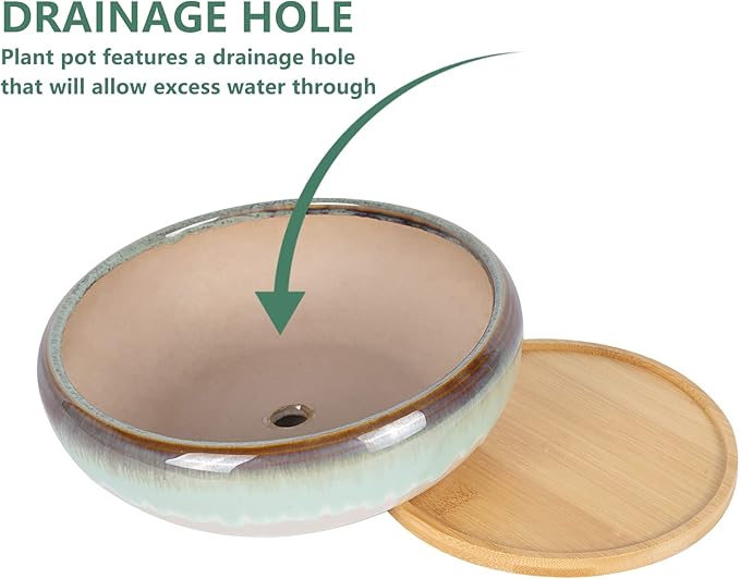 SQOWL 7 Inch Ceramic Succulent Planter Pot with Drainage Hole Drip Glazed Binsai Pot with Bamboo Tray for Indoor Plants