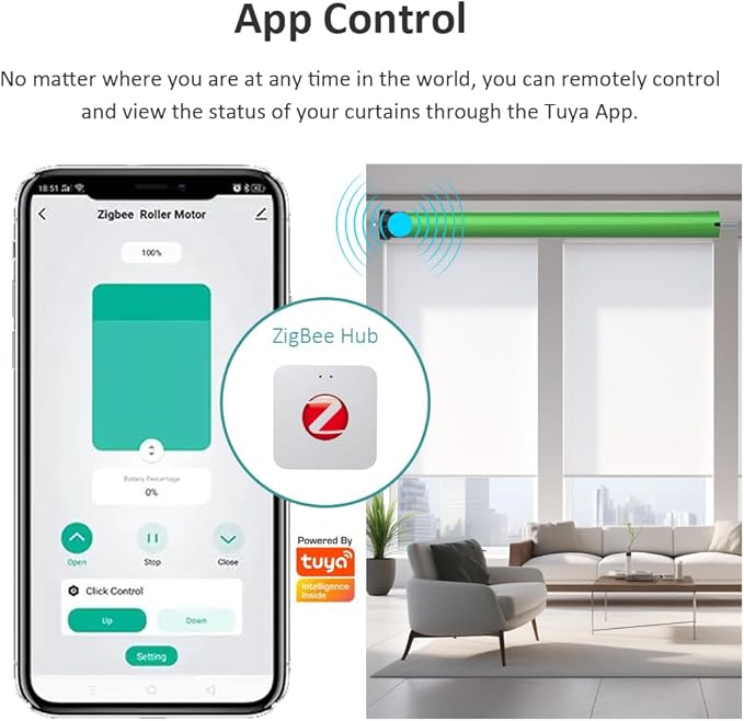 Tuya ZigBee Smart Roller Shade Motor, High Torque Electric Blinds Retrofit Kit, App/Voice Control with Alexa Google, Remote & Timer, Quiet 38dB (10 N.m Φ40mm (1.57") Round Tube)