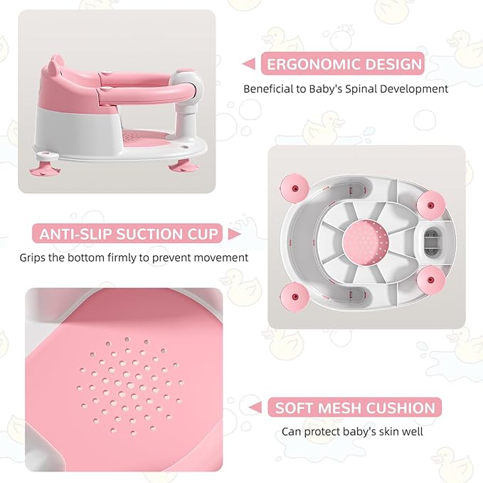 Baby Bath Seat for Babies 6 Months & up, Non-Slip Toddler Bath Seats for Babies Sitting Up, Safe Infant & Newborn Bathtub Chair with 4 Suction Cups & Soft Cushion for Shower,Pink