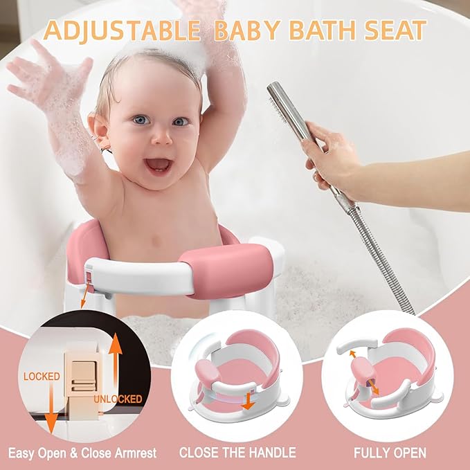 Baby Bath Seat for Babies 6 Months & up, Non-Slip Toddler Bath Seats for Babies Sitting Up,Safe Infant & Newborn Baby Bath Chair Support for Bathtub/Living Room/Shower Room, Pink