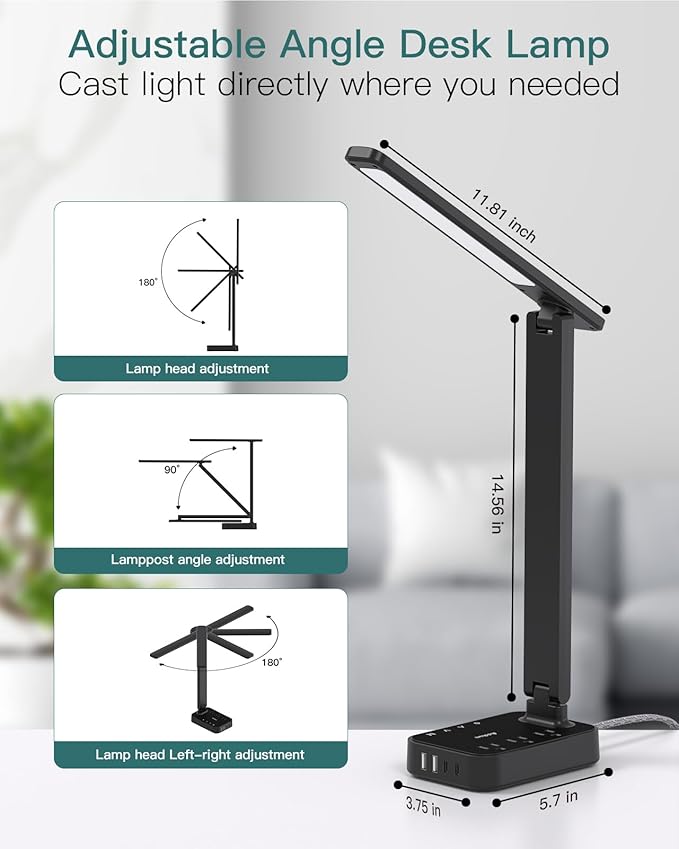 Addtam LED Desk Lamp, Power Strip with 3 Outlets 4 USB Charging Ports(2 USBC), 4 Modes 5 Level Brightness Touch Lamp, Small Desk Lamp for Home Office College Dorm Room Essentials