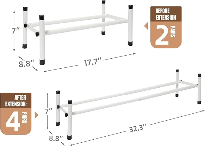 STORAGE MANIAC Expandable Shoe Rack, 4 Pairs Stackable Small Shoe Rack, Metal Adjustable Shoes Organizer for Closet, Entryway, Hallway, Garage, Front Door, Shoes Shelves, White 1 Tier