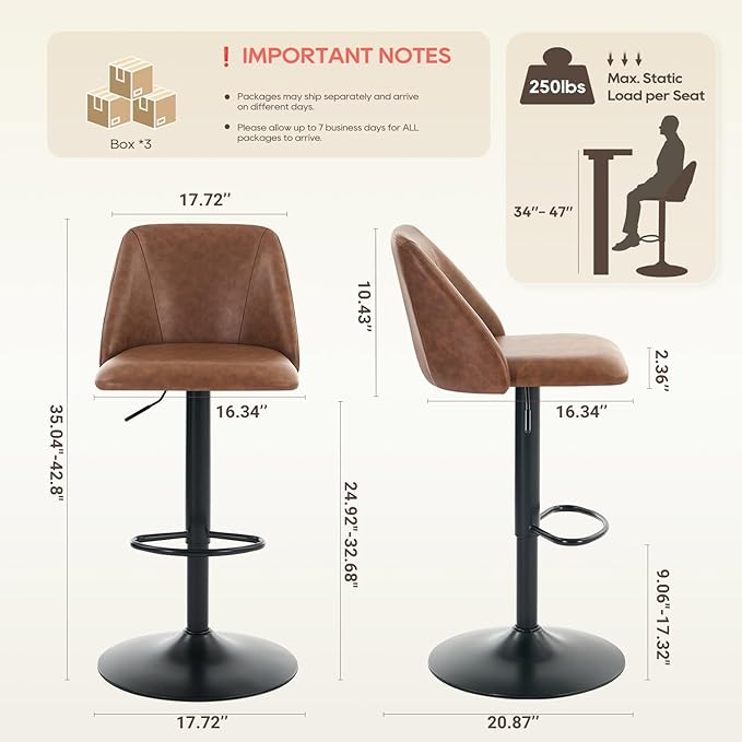 COLAMY Bar Stools Set of 6, Modern Swivel Bar Chairs, Adjustable PU Leather Upholstered Barstools Counter Height with Full Backrest for Bar, Dining Room, Kitchen Island, Brown