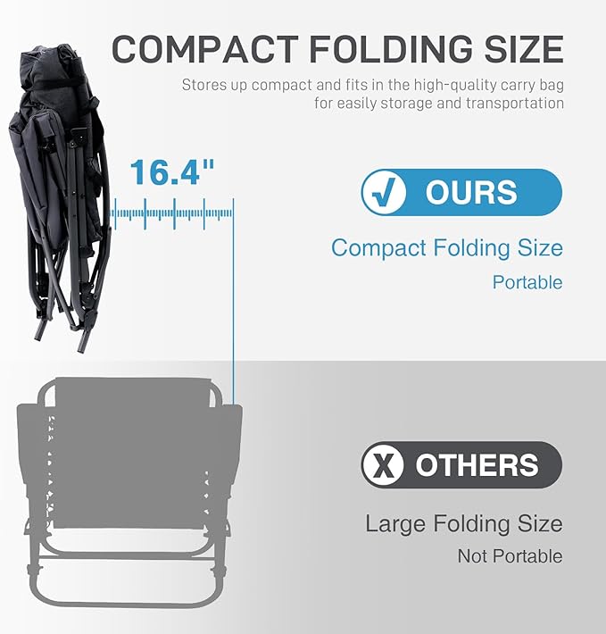 EVER ADVANCED Oversized Folding Rocking Camping Chair, Padded Portable Rocker Chairs for Patio, Lawn and Outdoors, Heavy Duty Hard Armchair for Adults Supports 400lbs, Black
