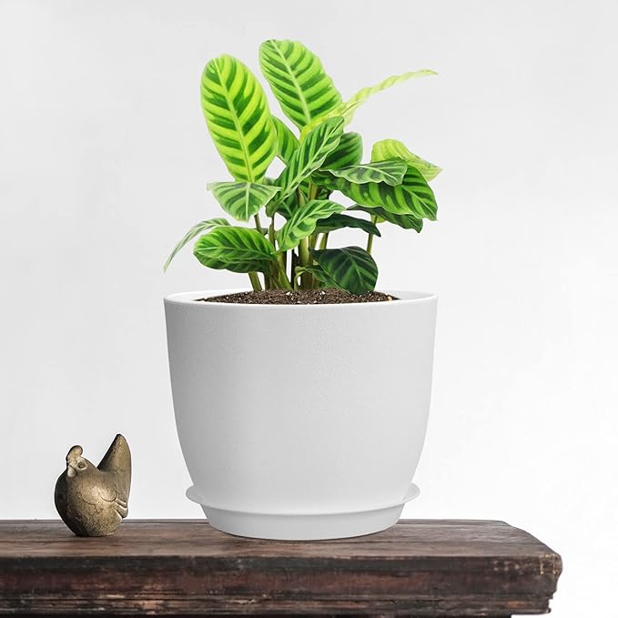 12/10/9 Large Modern Plant Pots, Plastic Planters with Drainage Holes and Saucers for Indoor Outdoor Plants Flowers, White