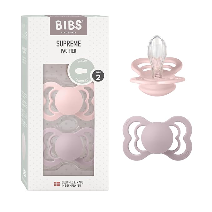 BIBS Supreme Baby Pacifiers | BPA-Free Silicone Pacifier | Made in Denmark | Set of 2 Soothers (Blossom/Dusky Lilac, 6-18 Months)