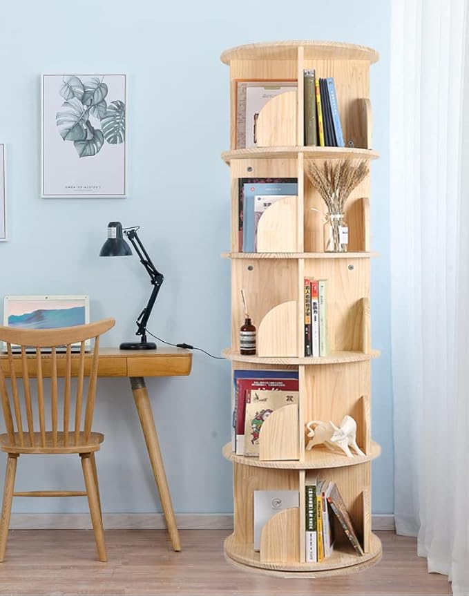Rotating Bookshelf, 360 Display 5 Tier Floor Standing Bookcase Storage Rack for Kids&Adult, Wood Narrow Book Shelf Organizer for Bedroom, Living Room, Study Room(63 * 17.32 * 17.32inch)