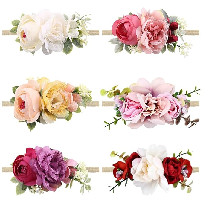 Cinaci 6 Pack Delicate Rose Flower Nylon Headbands Floral Bows Headband