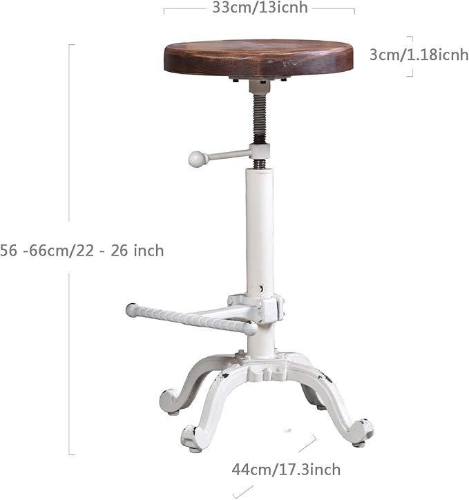 Topower Industrial Retro Vintage Farm Wooden Tractor Stool Kitchen Swivel Height Adjustable bar Stool (Antique White)