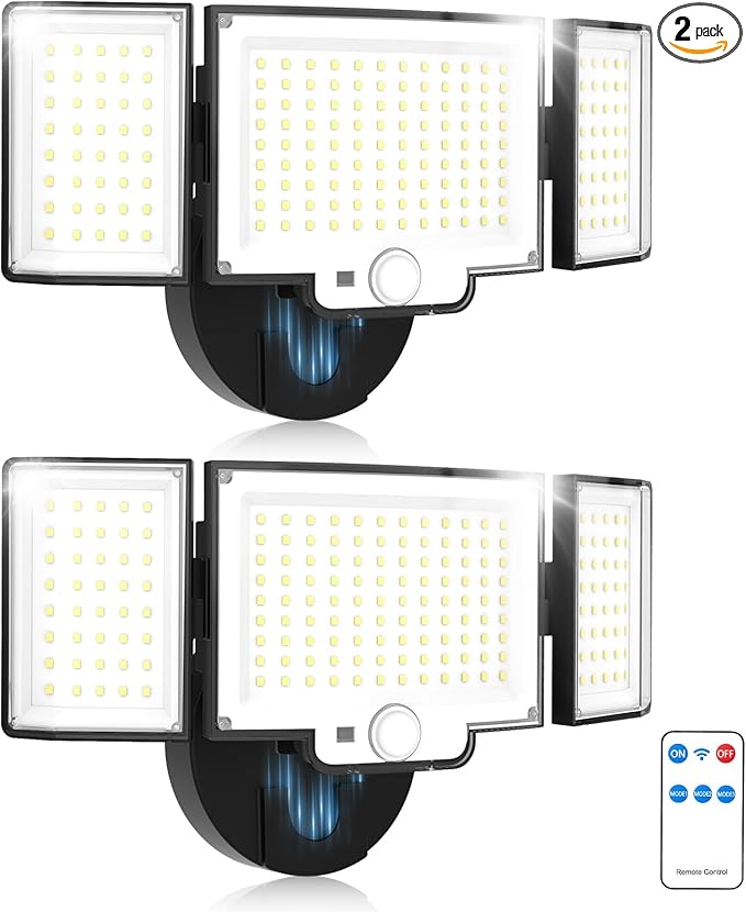 Motion Sensor Outdoor Light, 188 LED 4200LM Flood Lights Outdoor, 6500K Daylight, 3 Modes with Remote Control, IP65 Waterproof, Adjustable Heads, Hardwired 120V for Garage, Yard, Porch, 2 Pack Black