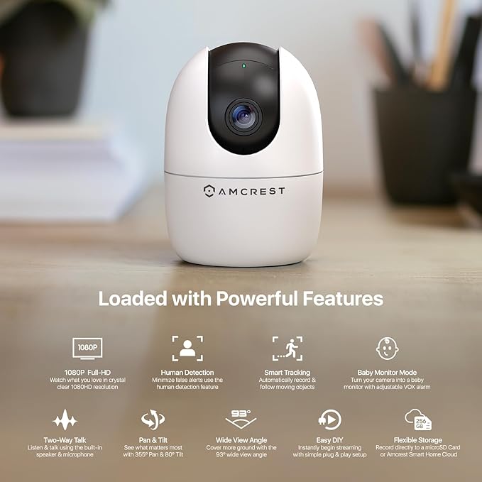 Amcrest 1080P WiFi Camera Indoor, Nanny Cam, Dog Camera, Sound & Baby Monitor, Human & Pet Detection, Motion-Tracking, Phone App, Pan/Tilt Wireless IP Camera, Night Vision, Smart Home ASH21-W