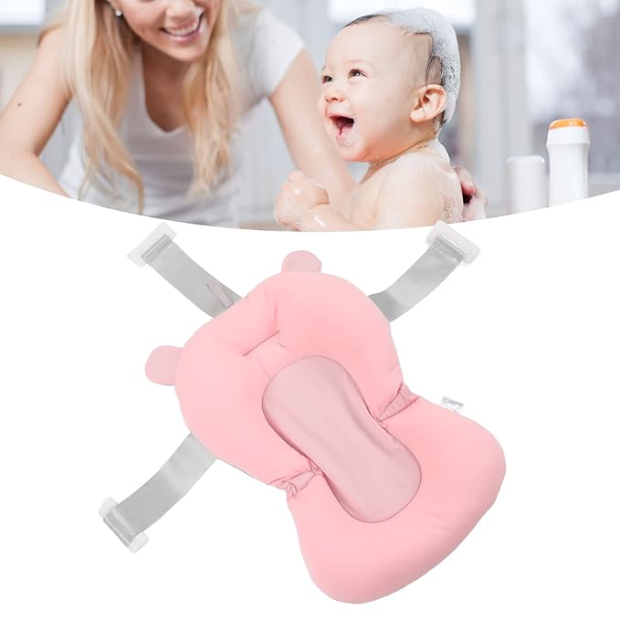 Baby Bath Seat Cushion, Floating Safe Foldable Adjustable Infant Bath Supporter for Newborn, Soft Bath Pillow Baby Bath Pillow for Bathtub (Pink Bear)