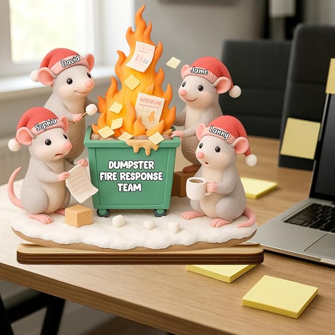 Funny Mouse Dumpster Fire Response Team Wooden Plaque 2025, Personalized Flaming Dumpster Sign, Custom Name Group Plaque, Matching Holiday Decor for Coworkers