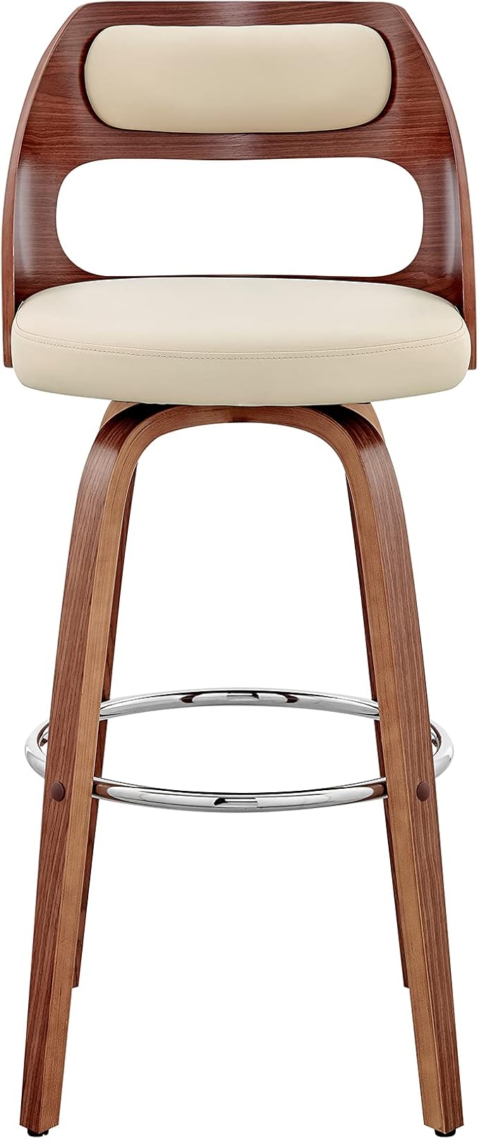 Armen Living Julius Mid Century Modern Swivel Bar Stool for Kitchen Island Counter in Cream Faux Leather and Walnut Wood, 26" Seat Height