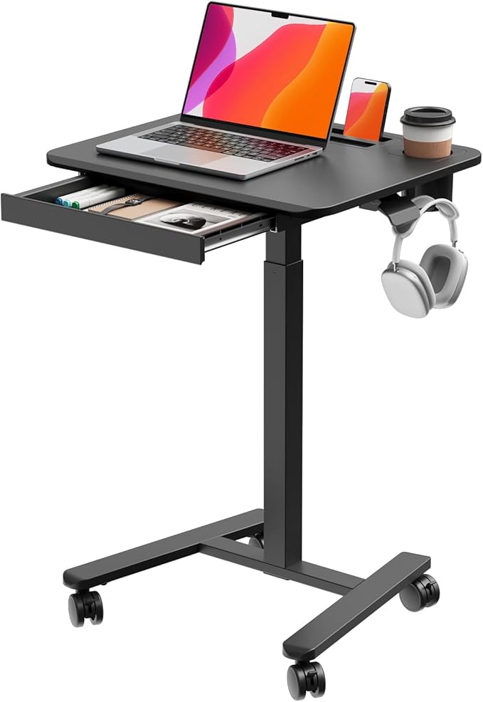 Mobile Small Standing Desk with Drawer, 23.6"x19.7" Rolling Laptop Cart on Wheels, Height Adjustable Sit Stand Computer Workstation with Storage for Compact Space, Black
