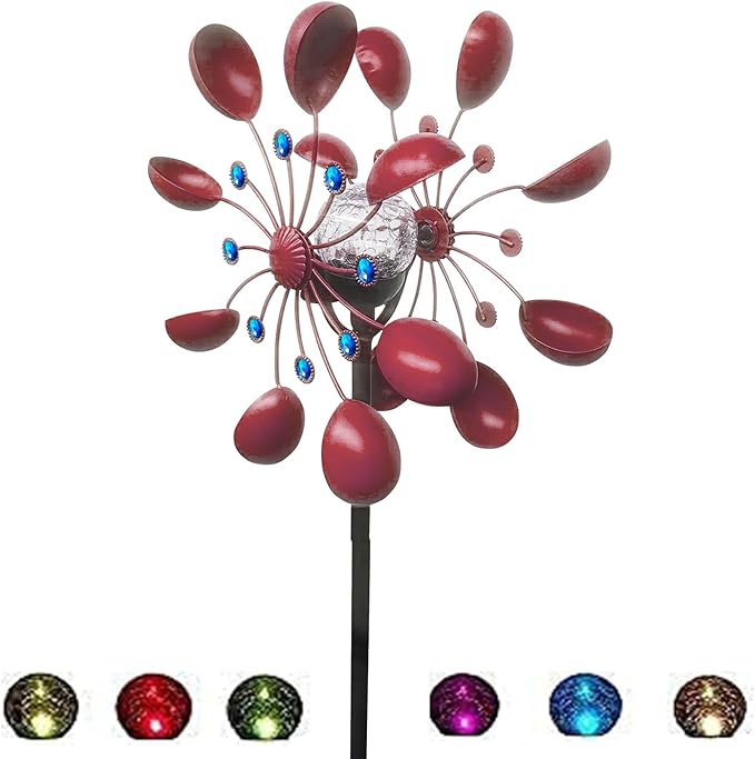 NUENUN Wind Spinner Outdoor Metal - Multi-Color Seasonal LED Lighting Solar Powered Glass Ball with Kinetic Wind Spinner Dual Direction for Patio Lawn & Garden