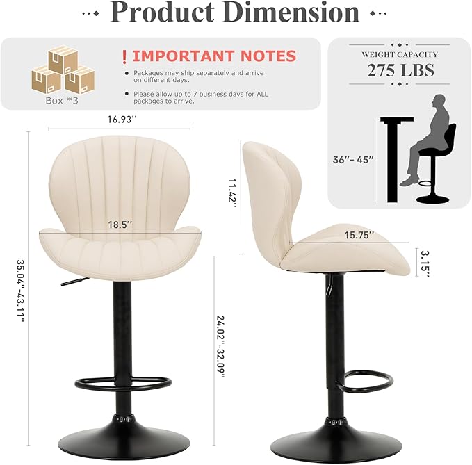 COLAMY Bar Stools Set of 6, Modern Swivel Bar Chairs, Adjustable Faux Leather Upholstered Barstools Counter Height with High Backrest for Bar, Kitchen Island, Dining Room, Beige