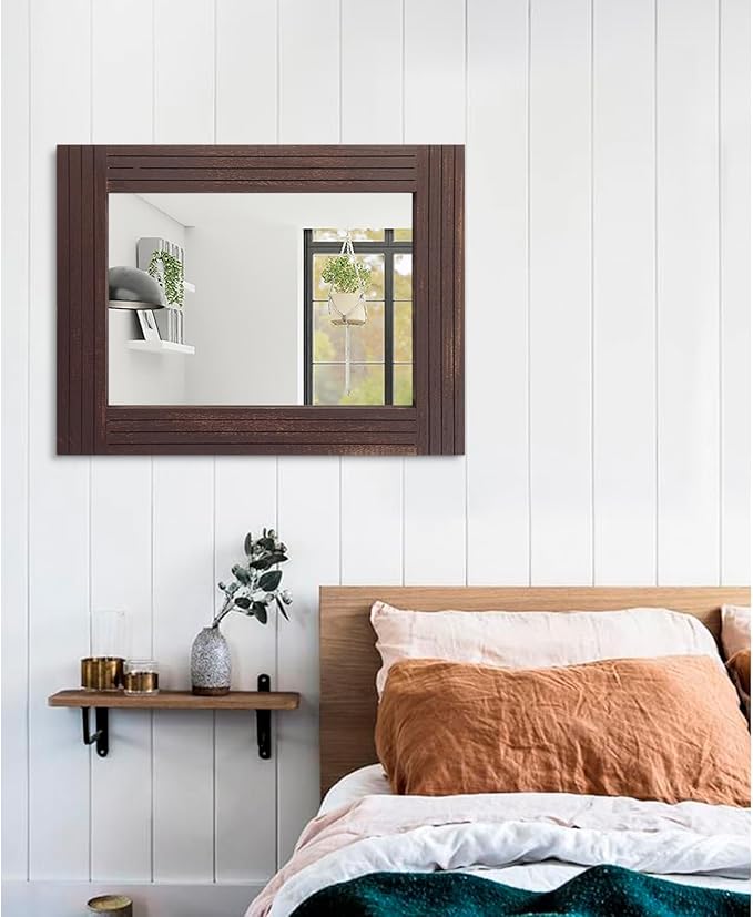 Wood Wall Mirror Rectangular Framed Rustic Vintage Mirrors Decor Farmhouse Bedroom Bathroom Mirror for Dressing Table Entrance Large 26"x18" Brown